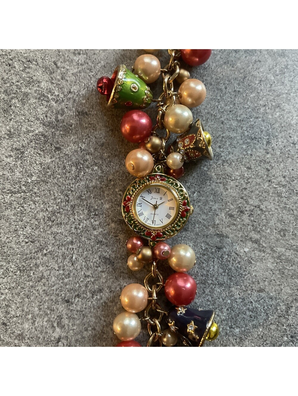 Jennie B Holiday Christmas Charm Watch Bells Holly Gold Tone Case & Band A17